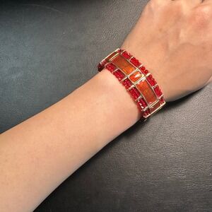 VTG 60s/70s Monet Hinged Bangle Bracelet Red Crystal Accents Gold Tone Statement